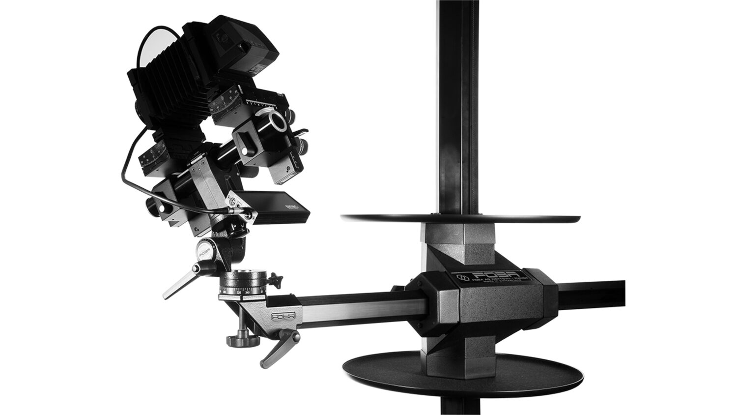FOBA studio stand with camera mounted on a tilting head